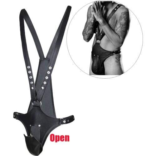 Hot Leather Thong Open Crotch Pants Male Chastity Cock Cage Scrotum Bag,Bdsm Body Bondage Harness Bodysuit,Erotic Club Costume
