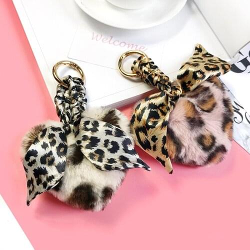 Faux Rabbit Fur Ball Key Chain Pompom Leopard Plush Heart Keychain Fluffy Pom Pom Key Chains Trinket Car Bag Key Ring Chaveiro