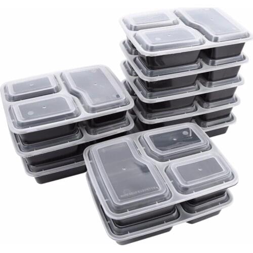 10 Pcs Plastic Reusable Bento Box Meal Storage Food Prep Lunch Box 3 Compartment Reusable Microwavable Containers Home Lunchbox