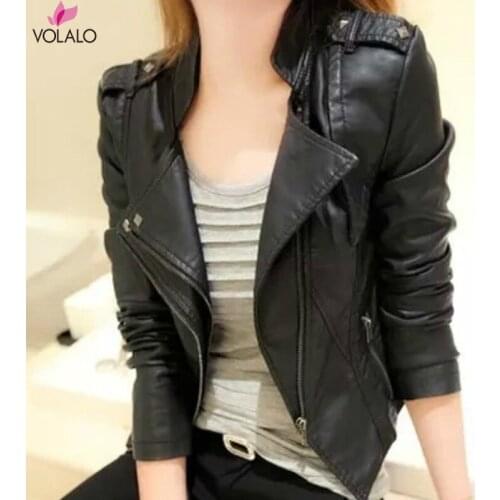 Spring Autumn Winter Ladies Motorcycle Leather Jackets Women Turn-down Collar Zipper Slim Black Moto & Biker Jacket Female