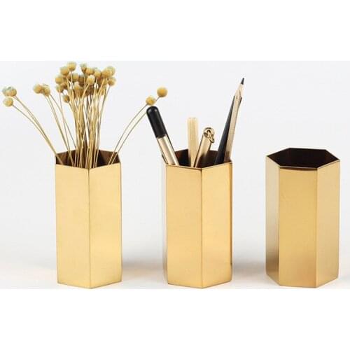 1pcs reate Cross-border Simple Geometric Hexagon Plated Metal Penholder Nordic Simple Stainless Steel Decoration