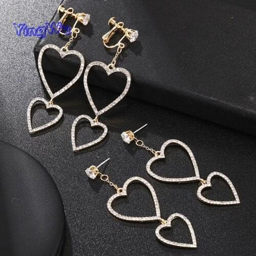 Exaggerated Fashion Hollow Crystal Heart Clip on Earrings Long Chic Non Pierced Earring Clips Jewelry Accessories for Women Girl