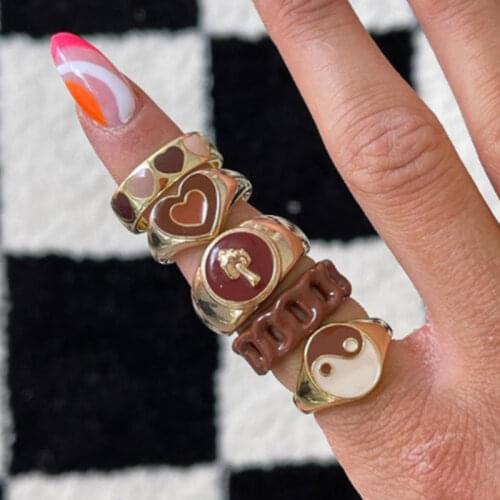 UILZ 2021 Trendy Brown Series Chunky Stacked Rings Korean Cute Y2K Enamel Heart Ring for Women Party Birthday Gift Jewelry