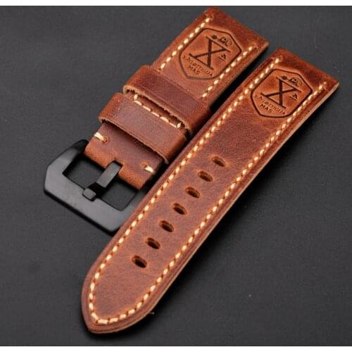 Hand-Folded First Layer Cowhide Bracelet To For PAM111 24 26MM Military Watch Men Leather Retro Watchband