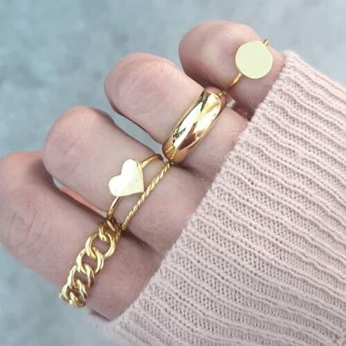5 Pcs/Set Sweet Classic Love Heart Geometric Rings Set Fashion Gold Irregular Chain Round Party Rings for Women Jewelry Gifts