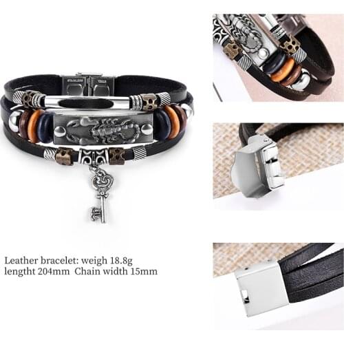 2019 New Punk Multi-storey Leather Bracelets For Man Metal Key Women Bracelets Bangles Animal Scorpion Men Bracelet