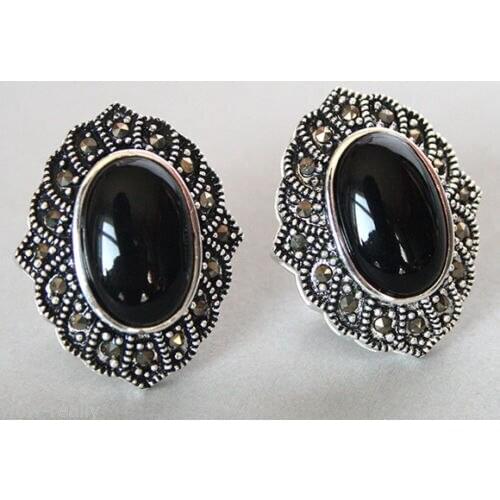 New 925 Sterling Silver Jewelry Black Marcasite Stud Earrings