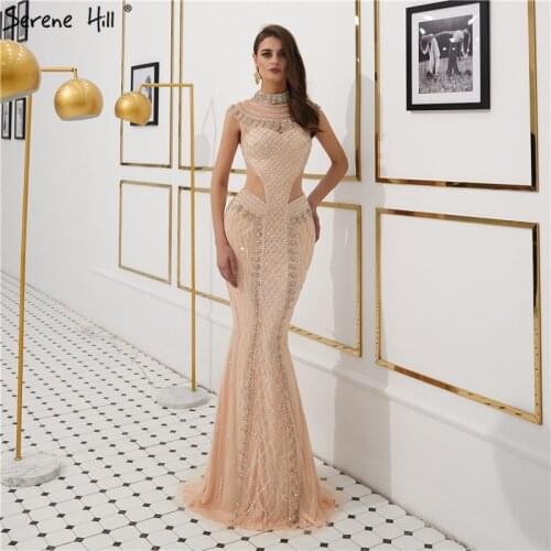 Nude Gold High Collar Sexy Evening Dresses 2020 Sleeveless Luxury Diamond Sparkle Evening Gowns Serene Hill LA6551