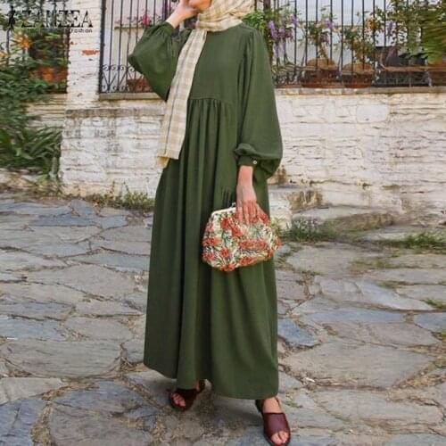ZANZEA Retro Abaya Turkey Hijab Dress Women Long Puff Sleeve Dubai Sundress Robe Muslim Dress Casual Solid Islamic Clothing