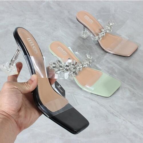 Womens shoes 2021 summer new PVC word strap fashion flower crystal high-heel sandals stiletto comfortable party slippers 7.5CM