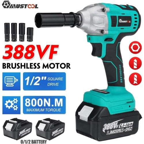 MUSTOOL 800N.m Torque Brushless Electric Impact Wrench Rechargeable 1/2 Cordless Screwdriver Power Tools for Makita 18V Battery