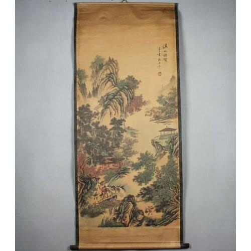 Antique painting traditional Chinese Zhang Daqian mountain access friends painting scroll painting,old paper painting