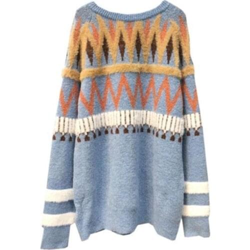 Truien Winter 2021 Retro Geometric Pattern Knitted Sweater Women Casual Warm Long Sleeve Christmas Pullover Loose Female Jumpers