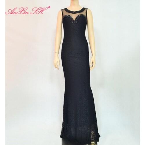 AnXin SH vintage black satin mermaid evening dress sexy red o neck blue illusion beading trumpet white evening dress 8199