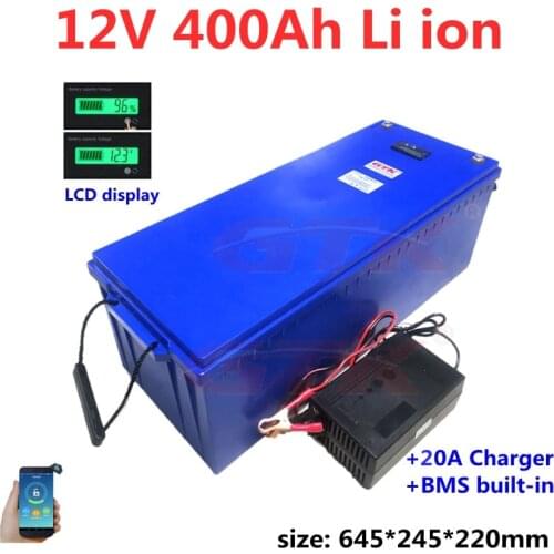 Waterproof 12v 400ah Lithium ion battery pack with BMS for 1000W 2000W 3000W Solar inverter caravan RV UPS boat + 20A Charger