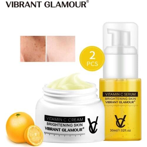 VIBRANT GLAMOUR Vitamin C Face Serum Face Cream Whitening Brighting Moisturizing Repair Fade Freckles Facial Care Suit 2 Pieces