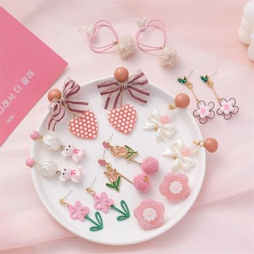 2021 New Korean Cute Pink Acrylic Flower Heart Bows Dangling Earrings Woman fashion Accessories Gift To Girlfriend Party