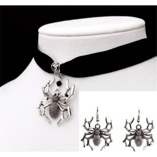 Black Velvet Spider Necklace Earring Set, Gothic Jewelry Victorian Jewelry Jewelry Gift for Fashion Women
