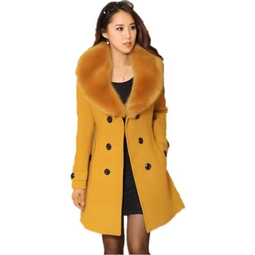 Winter Warm Thick Woolen Coat Womens Large Fur Collar Double Wool Blends Jacket Long Coat Female Cashmere Outerwear