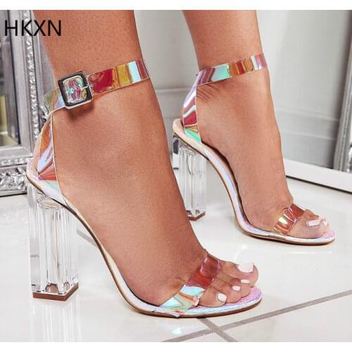 High Quality 2021 PVC Clear Transparent Strappy Buckle Sandals Women Sandals Shoes Celebrity Wearing Simple Style High Heels