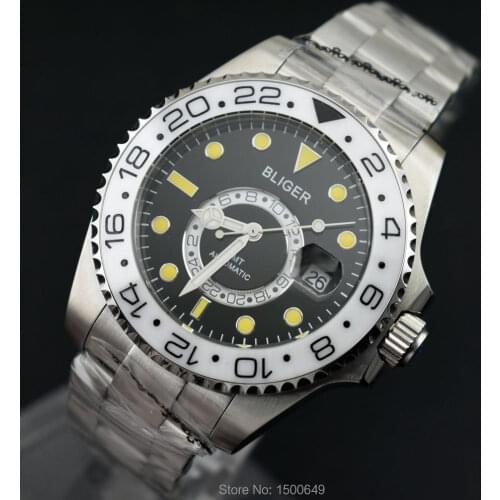 BLIGER 43mm new 2 4 6 ... 22 Ceramic Rotate Bezel black dial with yellow beads function date automatic mens Wrist watch