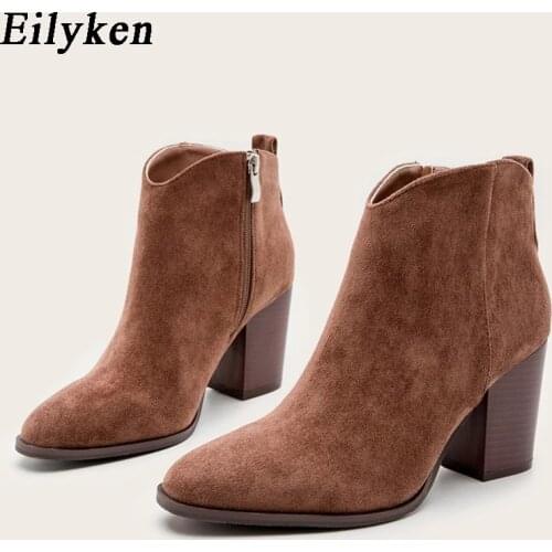 Eilyken 2021 Autumn Faux Suede Ankle Boots Women High Heel Side zipper High top Stacked Block Heel Short Western Cowboy Booties