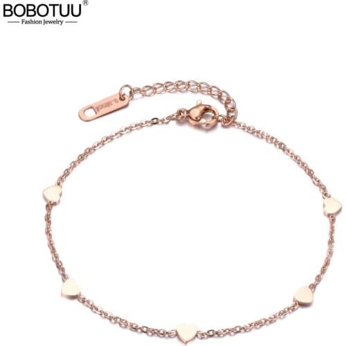 BOBOTUU Simple Design Stainless Steel Bracelet Rose Gold Link Chain Mini Hearts Lover Bracelet Sweety Style For Girl BB18183