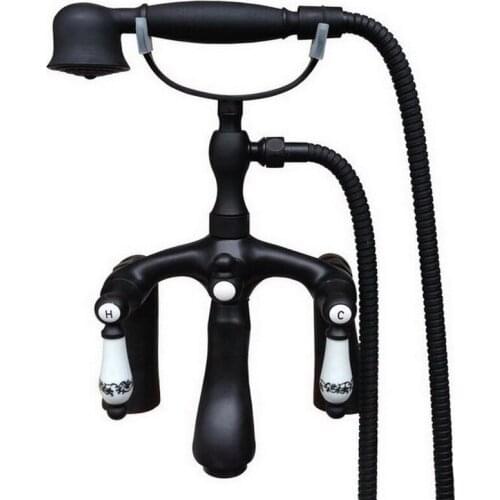 Black Oil Rubbed Bronze Bath Clawfoot Tub Mixer Tap Faucet Hand Shower Double Ceramic Handles Deck Mounted mtf513