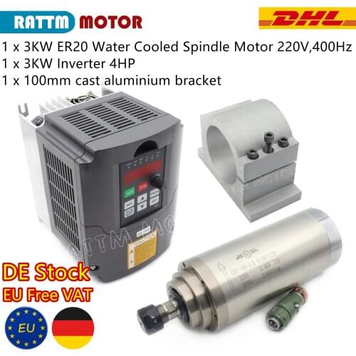 【EU Delivery&Free VAT】CNC 3KW Water Cooled ER20 Spindle Motor 220V 24000rpm & 3kw Inverter VFD 4HP 220V & 100mm Spindle Bracket