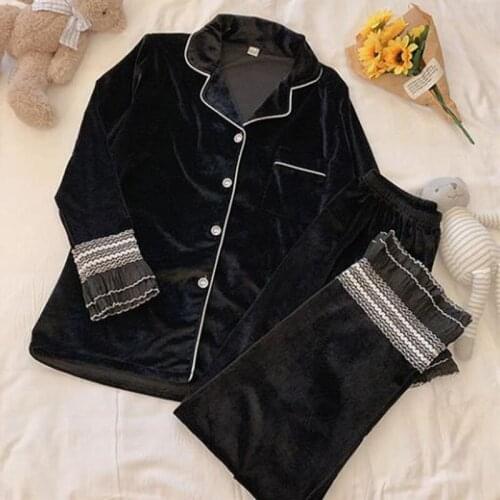 Fdfklak Loose Cardigan V Neck Top + Trousers Pajamas Set Autumn Winter Pijamas Women Flared Sleeves Gold Velvet Pyjamas Suit