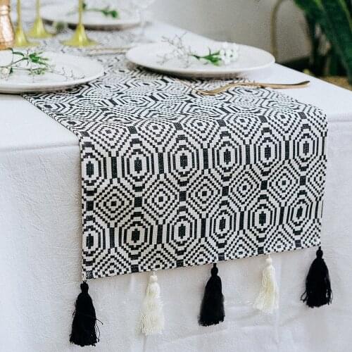 Ins fashion french chic Tassel Table cloth runner geometric black white stripe morocco Nordic style design