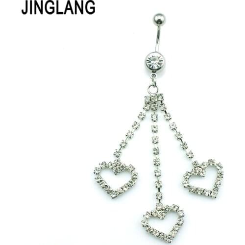 JINGLANG Navel Rings 316L Stainless Steel Barbell Dangle Three White Rhinestone Heart Belly Piercing Hypoallergenic Jewelry