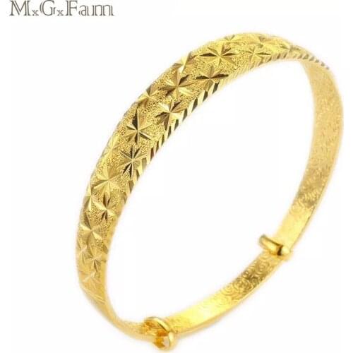 M.G.Fam Traditional Style Frosted Flower Pattern Bangles and Bracelets for Bridal Wedding Jewelry Pure Gold Color
