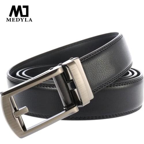MEDYLA Fashion Automatic Buckle Mens Belt Genuine Luxury Leather Strap High Quality Male Belts Business Black Coffee Color