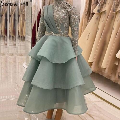 Mint Muslim Luxury Ankle Length Evening Dresses 2021 Long Sleeves High Neck Gowns For Woman Party Wear BLA71251 Serene Hill