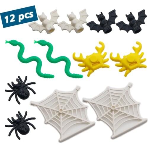 12pcs Animal City Blocks Set Spider Web Bat Crab Snake Forest Park Friends Parts Accessories MOC Brick Building Toy For Children