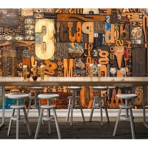 Mural Custom Wallpaper papier peint Nostalgic vintage wood plank woodcut english alphabet bar cafe background wall behang