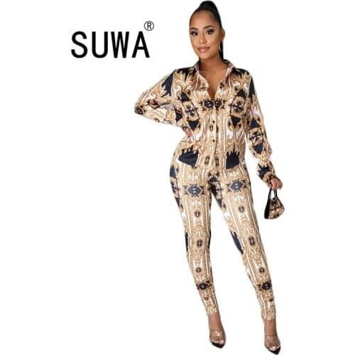 2021 New Product Vintage Loungewear Women Two Piece Outfits Long Sleeve Shirt Blouses Skinny Pencil Pants Work Wear Wholesale