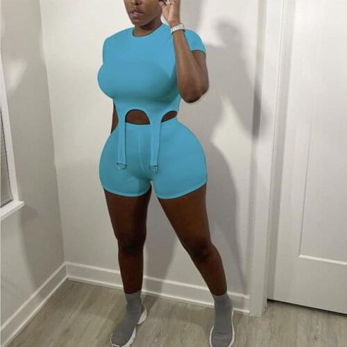 Solid Color Two Piece Set Woman Short Sleeve Unique Design T-Shirt And Biker Shorts Set Casual Sporty Female Outfits