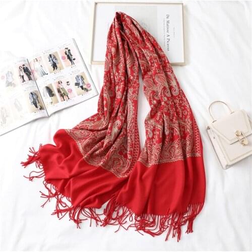 Autumn and winter new solid color cashew embroidery imitation cashmere scarf women chinese style embroidery tassel warm shawl