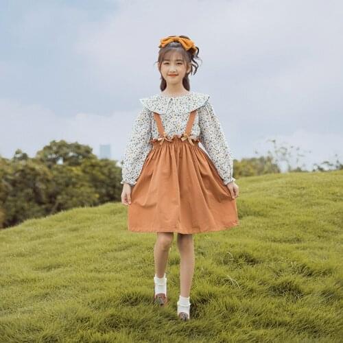 2021 Girls Sets Autumn Floral Print Shirts Tops + Overalls Dress 2 Pcs Set Children Boutique Kids Clothes Suit 4 6 8 10 12 14 Y