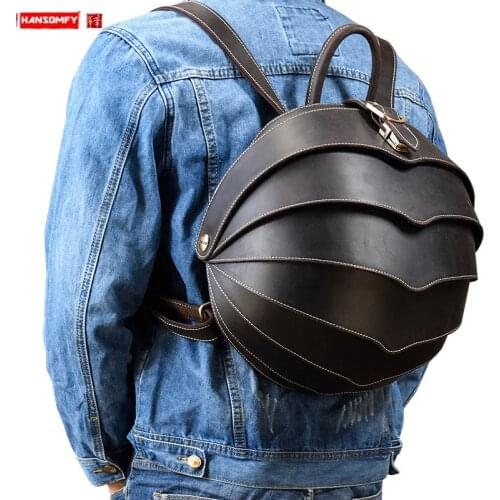 Retro Leather Men Backpack Personality Beetle Backpack Men and Women round Schoolbag Crazy Horse Leather Bags