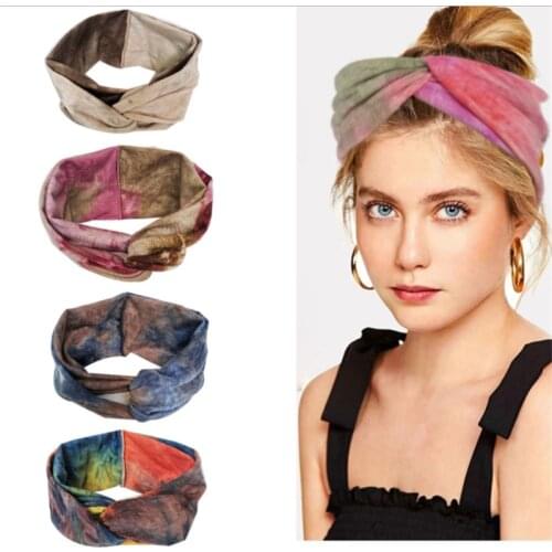 Tie-dye wide hairband Boho style European and American cross headband knotted printed cotton elastic headscarf adult headwear