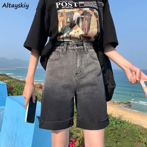 Shorts Women Summer Straight Denim Trousers Gradient Streetwear Korean Style All-match Harajuku Teen Girls Fashion Chic Bottoms