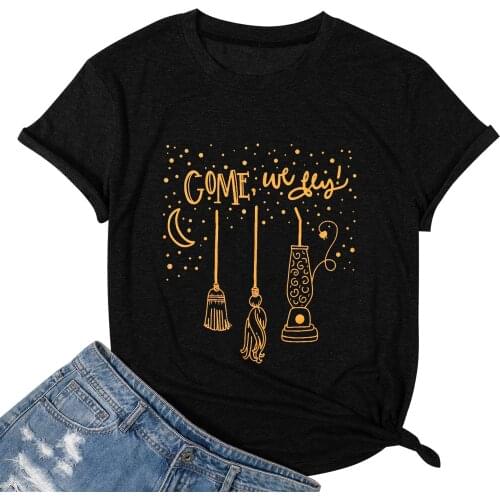 Come We Fly 100% Cotton T-shirt Funny Women Halloween Party Tshirt Autumn Short Sleeve Graphic Witch Tops Tees Shirts Femme 2021