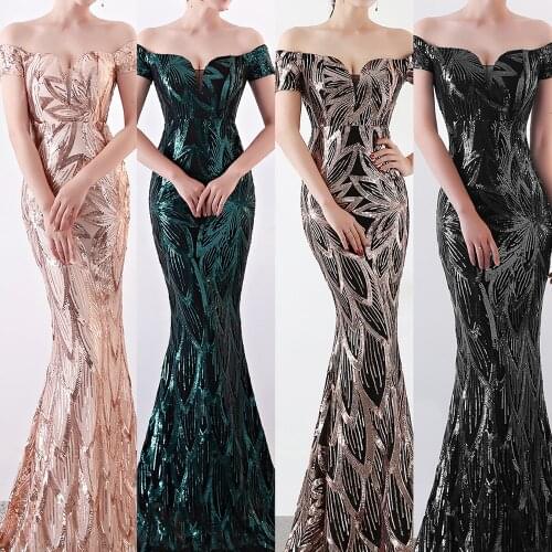 Luxury Sequined Floral Elegant Evening Dress Sexy Off Shoulder V Neck Robe De Soiree Ladies Backless Party Formal Long Dress
