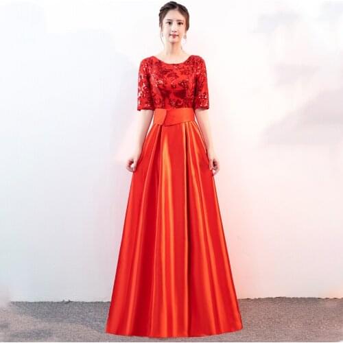 Red Sequins Evening Dress Zipper Back Fashion A-Line Empire Half Sleeves New Pleat Floor-Length Woman Formal Party Gowns A1319