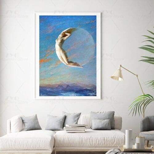 Selene Painting Albert Aublet Moon Goddess Wall Art Canvas Print Vintage Poster Celestial Luna Art Antique Picture Home Docor