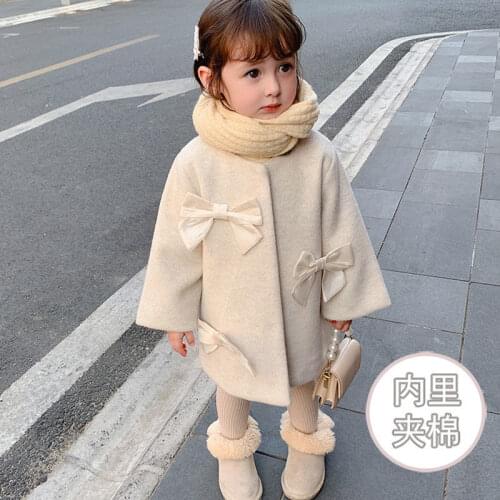 2021 Baby Girls Winter Woolen Long Coats Fashion Bow Cotton Padded Thick Warm Coat Jacket Kids Elegant Overcoat Children Clothes