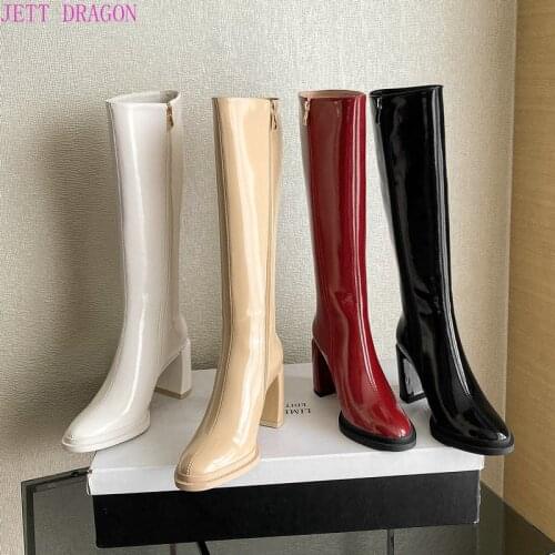 2021 Women Knee High Boots Patent Leather Square High Heel Knee High Boots Ladies Zipper Pointed Toe Autumn Winter Shoes Woman